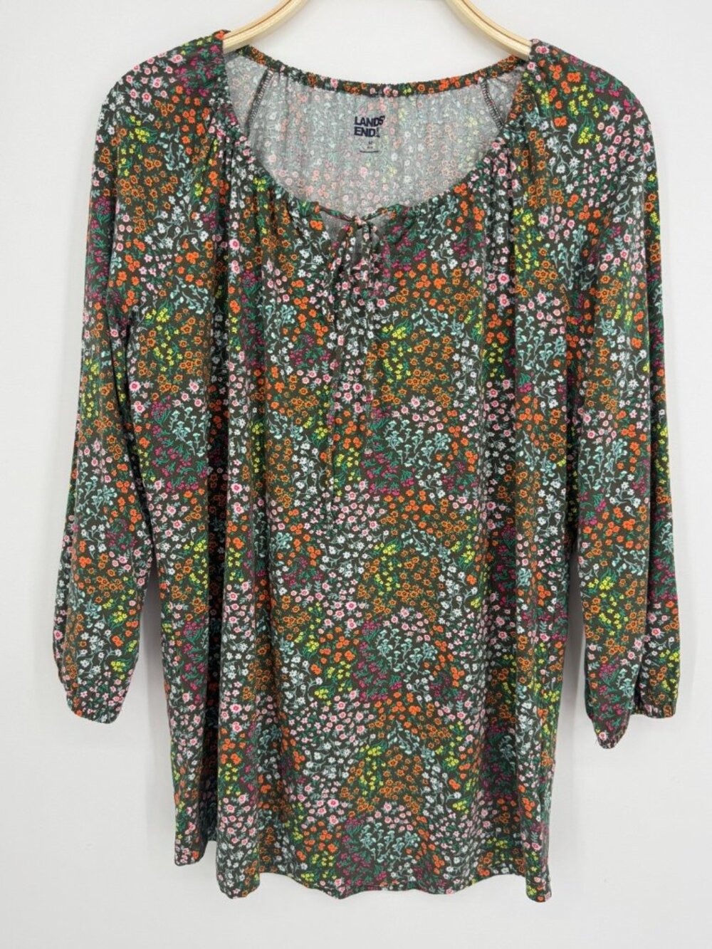 Lands' End Floral Peasant Top Medium Green Multi Cottagecore Boho Casual Blouse